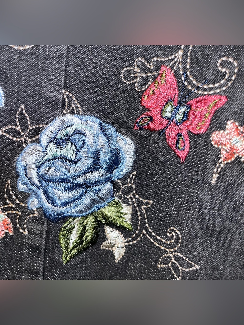 Denim & Co Beautiful Floral Embroidered Black Jean Jacket - Picture 5 of 16